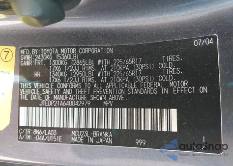 2004 Toyota Highlander Limited V6 z USA, uszkodzony, nr VIN JTEDP21A640042979